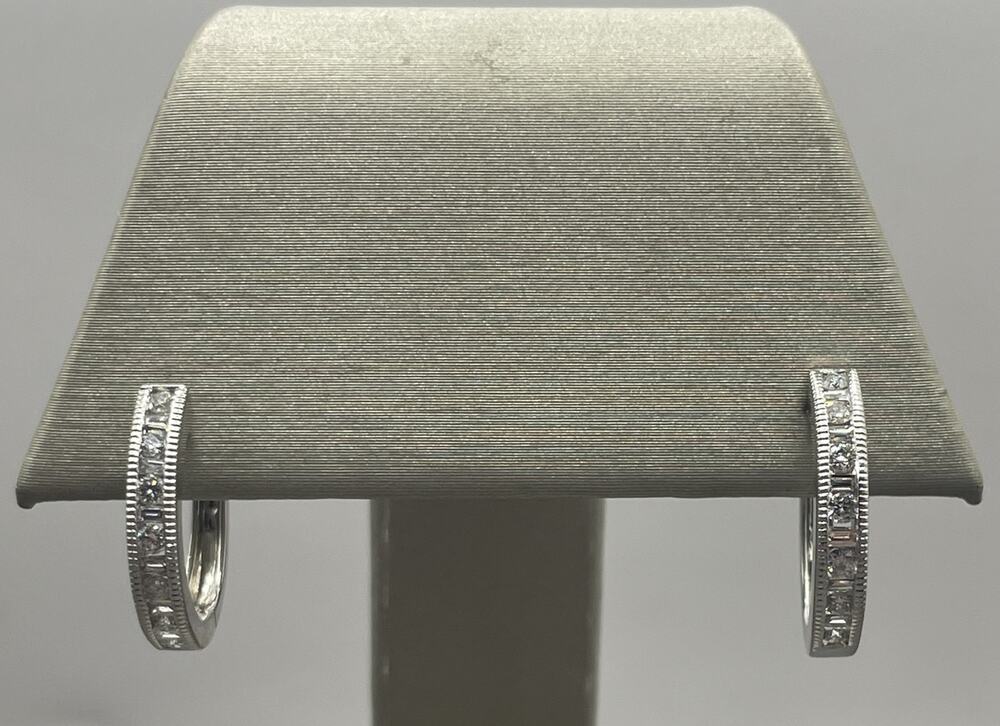 14K White Gold & Round Baguette Hoop Earrings (25083)